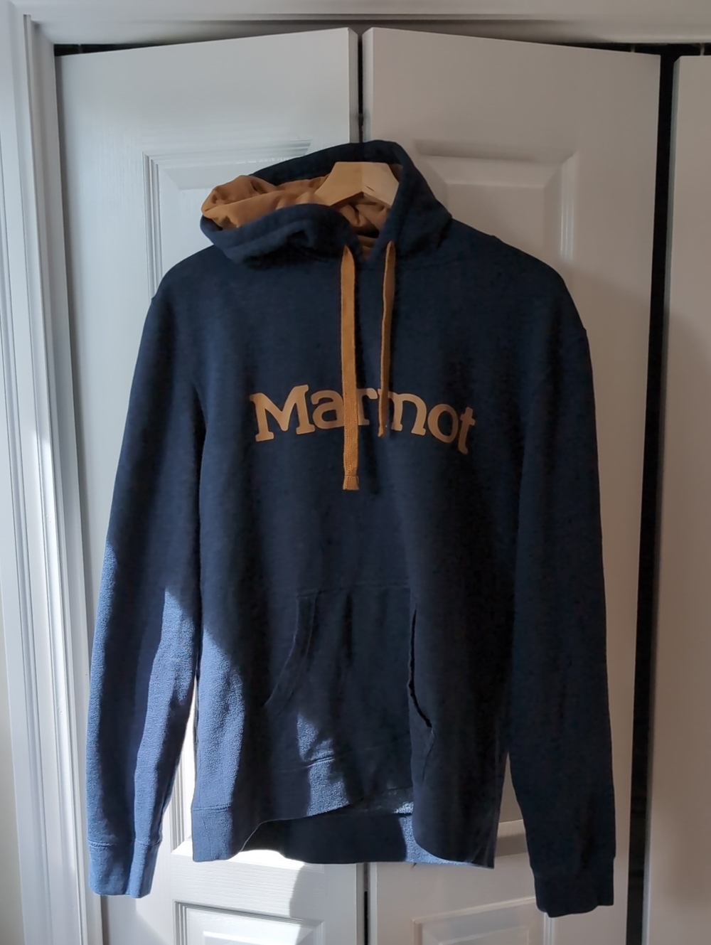 Marmot Navy Hoodie with Tan Logo and Lining
